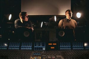 Lady-Gaga-works-with-Lars-and-Danny-from-Danish-Recording-Studio-Baby-Factory-interior.