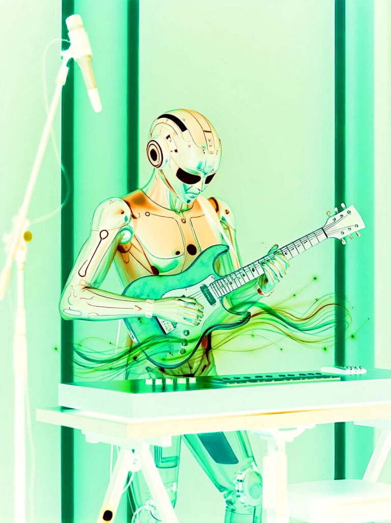 Futuristic holographic musician creating AI-powered beats, showcasing genre fusion, virtual concerts, and personalized soundscapes of 2025.