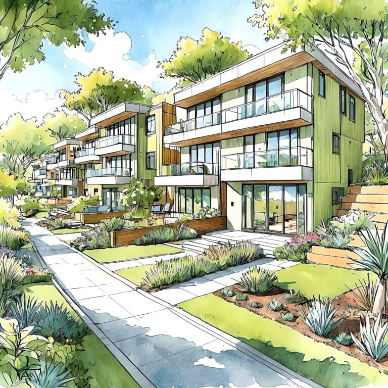 A vision of modern sustainable living: eco-friendly homes with sleek designs, solar panels, green roofs, and community gardens, blending innovation with harmony in a vibrant, resourceful neighborhood. Credit: Publish Tower.