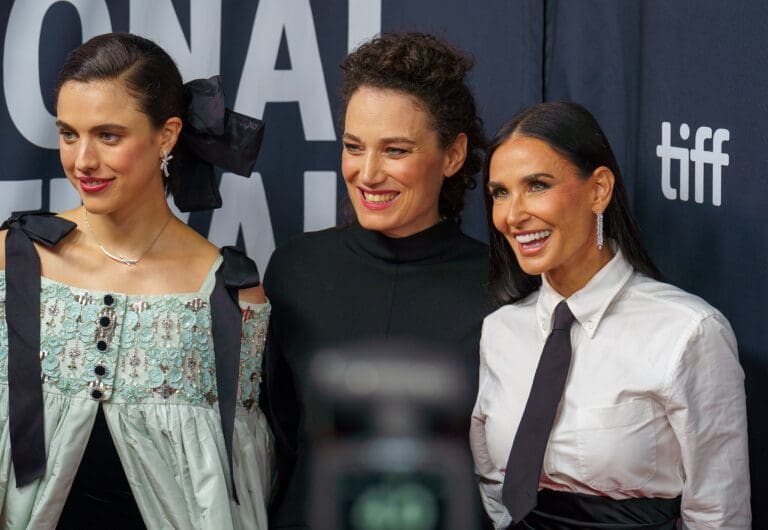 Demi Moore, Margaret Qualley, and Coralie Fargeatt. Demi Moore redefines her Hollywood legacy with her first major acting award for her fearless performance in The Substance. Credit: WikiMedia, Jay-Dixit.