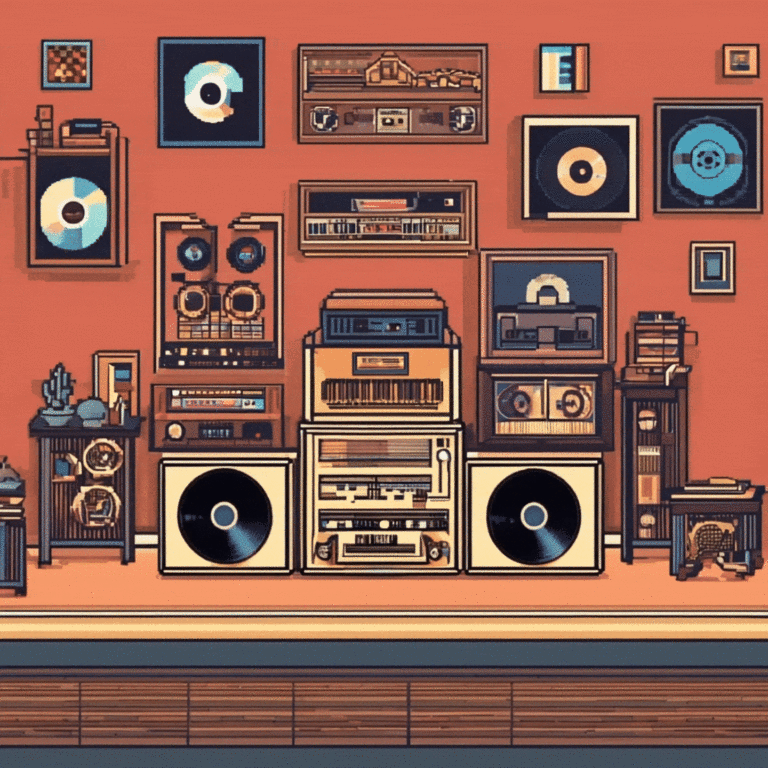 Pixel art illustration of historical vinyl records and vintage electronics by Publish Tower