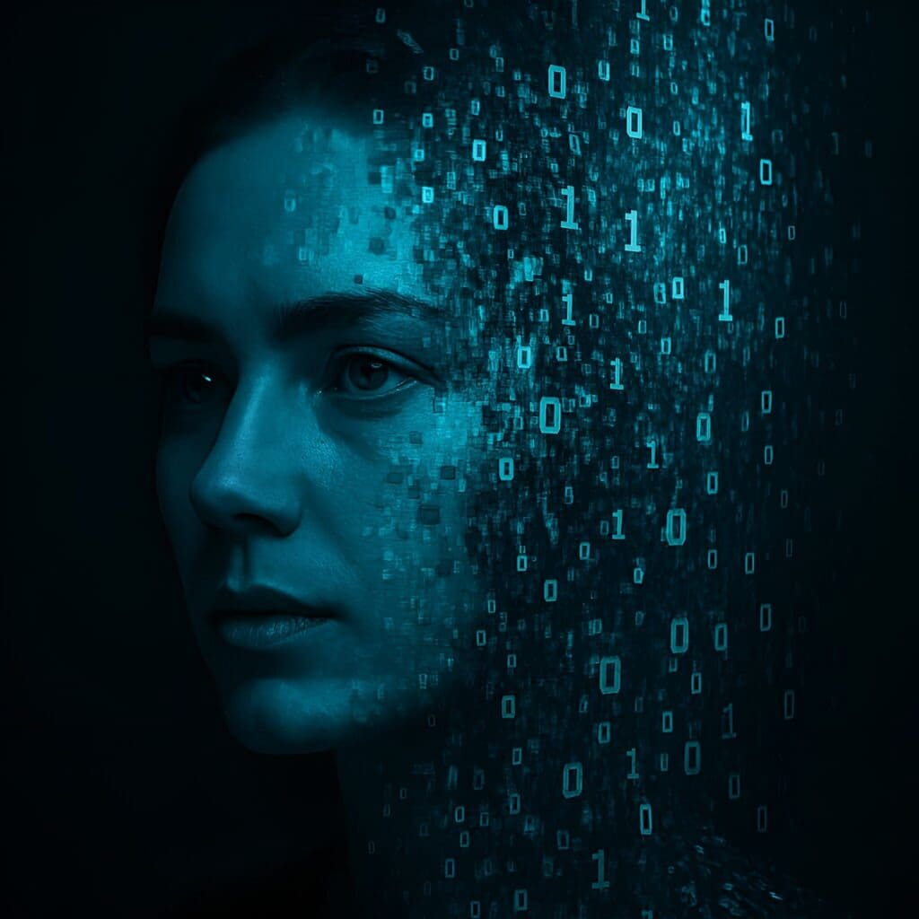 A human face dissolves into digital patterns — a visual echo of the question: What happens to our identity when we are read as data?