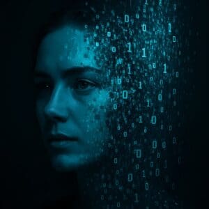 A human face dissolves into digital patterns — a visual echo of the question: What happens to our identity when we are read as data?