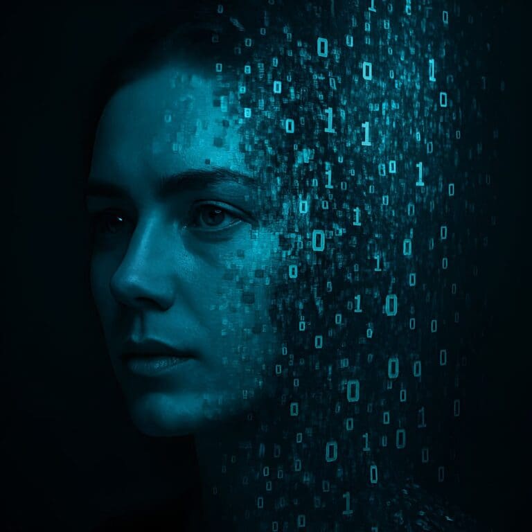 A human face dissolves into digital patterns — a visual echo of the question: What happens to our identity when we are read as data?